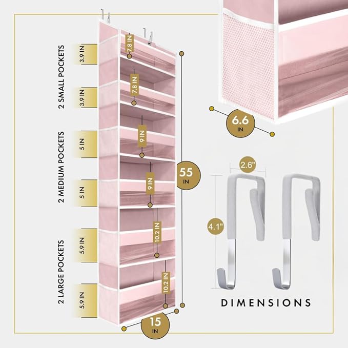 HOMELUX THEORY UPGRADED 6 Tiers Over The Door Organizer Hanging - 100D EXTRA THICK & 50lbs HUGE CAPACITY, 12 Side Mesh Pockets Over The Door Shoe Organizer, Hanging Closet Organizer (Baby Pink, 2pc)