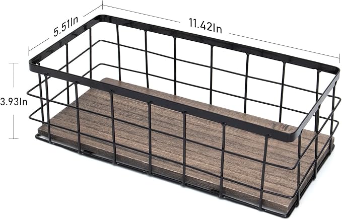 ROSE BLOOM Small Metal Wire Storage Basket, Decorative Wood Base Organizer Bins for Bathroom, Kitchen, Laundry Room, Pantry, Basket for Toilet Paper, Fruits, Spices（1 Pack