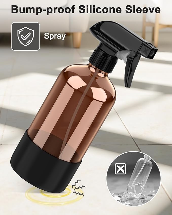 Amber Glass Spray Bottle with Silicone Sleeve Protection, 16 oz Refillable Spray Bottle for Cleaning Solutions, Plants, Aromatherapy, Facial Hydration (Black Sleeve(Amber Bottle)