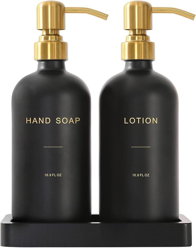 Soap Dispenser Bathroom Set, Hand and Lotion Dispenser with Stainless Steel Pump, Perfect for Black and Gold Bathroom Decor. (Gold & Black)