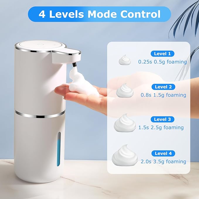 Automatic Foaming Soap Dispenser,Touchless Soap Dispenser with 4 Adjustable Foam Levels,Wall Mounted and USB Rechargeable,12.8oz Large Capacity for Bathroom,Kitchen Sink,Dish Soap