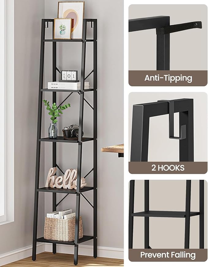 Ladder Shelf, Bookshelf Bookcase, Freestanding Corner Storage Shelve with 2 Hooks for Home Office, Living Room, Kitchen, Bedroom, Industrial, 11.8" D x 13.4" W x 63" H, Black BC03204B