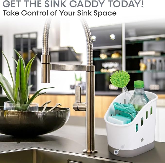Sink Caddy Sponge Holder, Dish Soap Organizer for Kitchen Sink with Removable Compartment and Non-Slip Base for Brushes Scrubber Drainers, Drain Holes for Sanitary Drying Premium ABS