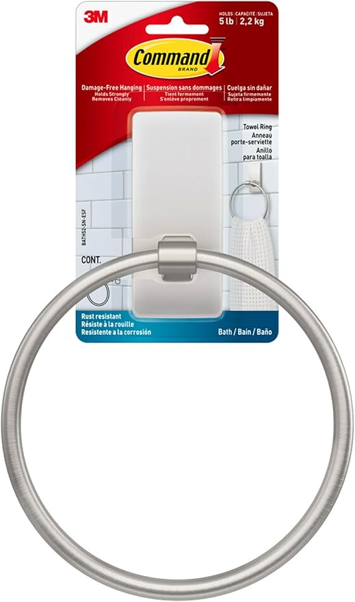 Command Hand Towel Holder Satin Nickel with Water Resistant Command Strips, Rust Resistant Bathroom Organizer, Holds up to 5 lbs
