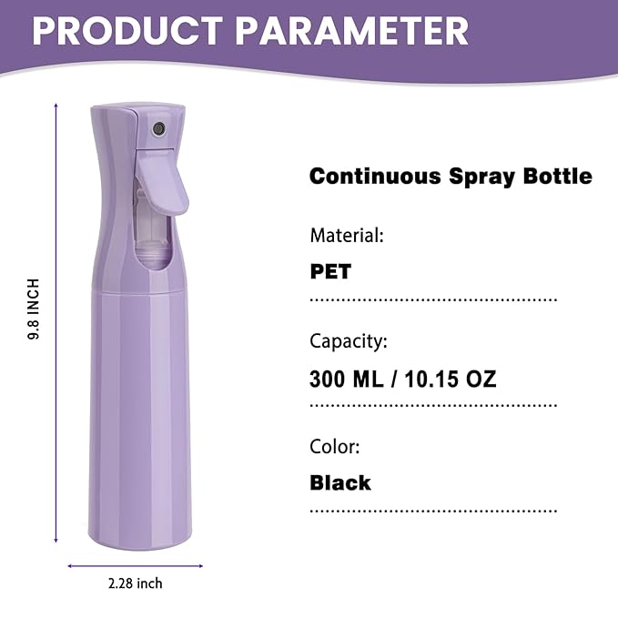 Spray Bottle for Hair (10.15OZ /300ML) Continuous Ultra Fine Mist Sprayer for Hair, Salons, Barber, Plants, Skin Care, 1 Plack Purple
