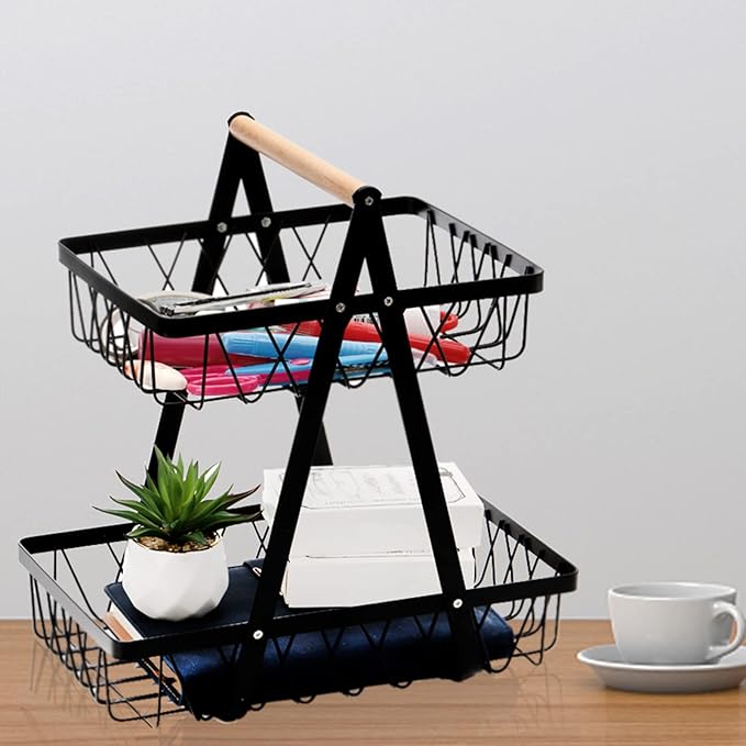 Dicunoy Metal Storage Basket with Handles, 2 Tier Wire Snack Organizer Bin for Office Cournertop, Rustic Black Basket for Home, Kitchen, Pantry, Fruit, Coffee, Pasta, Bathroom, Living Room