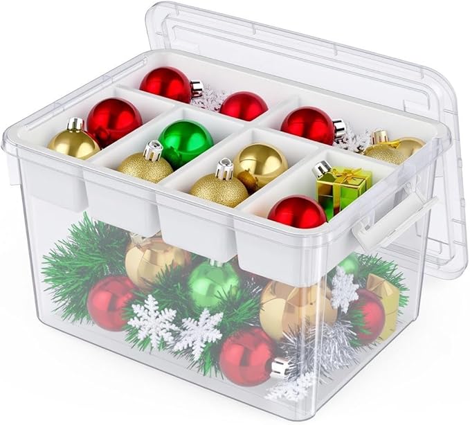 HOMETUK 40Qt Plastic Storage Bin with Lid, Clear Latching Organizers Box with Removable Tray, Large Portable Storage Container, for Holiday Ornaments, Home Organization, 1Pack