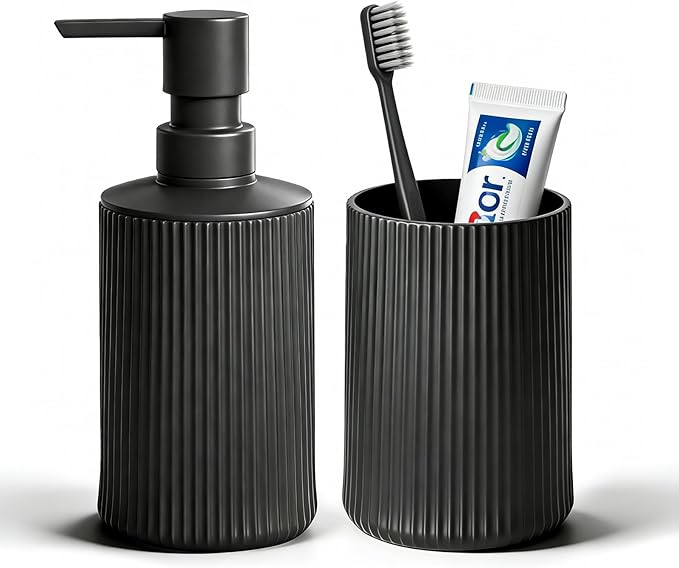 Bathroom Set Accessories, Black Soap Dispenser and Toothbrush Holder Complete 2 Piece Plastic Hand Dish Soap Counter Set for Modern Decor