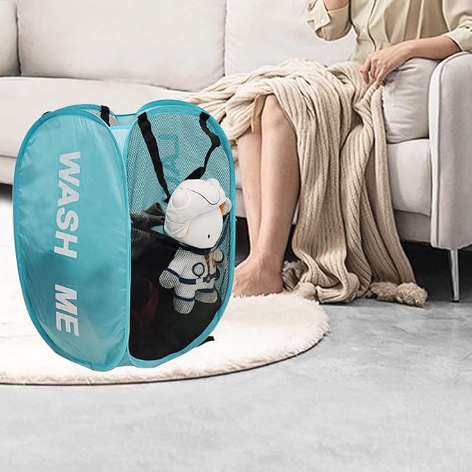 Mesh Pop Up Laundry Hamper with Handles, Collapsible Laundry Basket Side Pocket Dirty Clothes Hamper (Sky Blue)