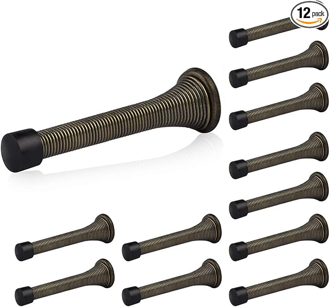 HOMOTEK 12 Pack Spring Door Stopper with Rubber Bumper 3-1/8" Flexible Spring Heavy Duty Wall Door Stop Low Mounted Door Bumper for Home (Antique Brass)