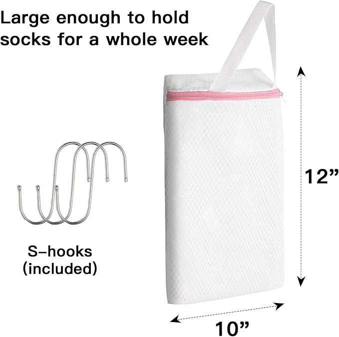 3-PACK Hanging Mesh Laundry Bags with S Metal Hooks,10x12 Inch Hanging Socks Laundry Bags for Washing Machine