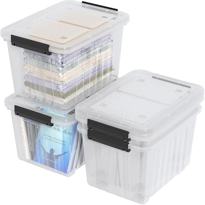 Ewingger 30 L Plastic Storage Bins with Wheels, Clear Latching Box with Lid, 4-Pack