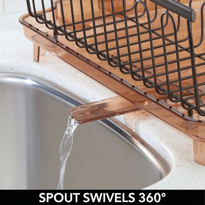 mDesign Large Modern Kitchen Countertop, Sink Dish Drying Rack - Removable Cutlery Tray and Drainboard with Adjustable Swivel Spout - 3 Pieces, Bronze/Brown Cutlery Caddy and Drainboard
