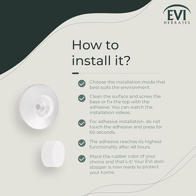 EVI Herrajes | Doorstop for Wall Placement | 45 x 17 mm | Stainless Steel White Lacquered | White and Black Rubber Included | Adhesive Installation or with Screw