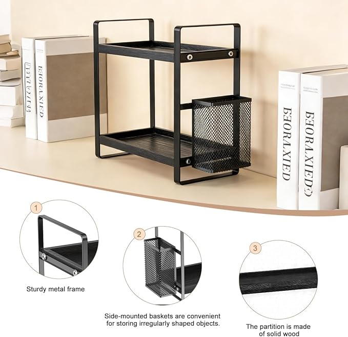 2-Tier Kitchen Storage and Organisation Rack with Side Baskets, Multifunctional Spice Rack Coffee Station Organizer for Kitchen, Coffee Bar, Bathroom, Office