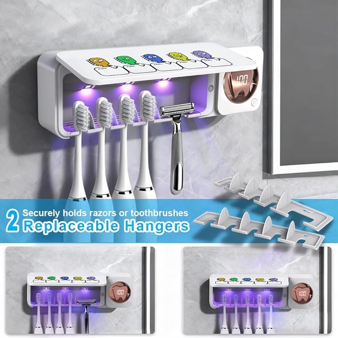 Bathroom Toothbrush Holder, Labelable with User Name, Multi-Slot Toothbrush Cleaner, Rechargeable Toothbrush Holder, Wall Mounted, for Bathroom, No Drilling Required, 5 Slots