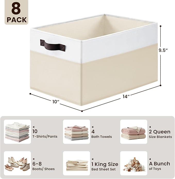 Criusia 8 Pack Large Storage Basket, Fabric Blanket Basket Living Room, Toy Organizers and Storage with Handles for Kids, Laundry Basket for Clothes Towel, Yarn and Craft Storage Bins (14L*10W*9.5H)
