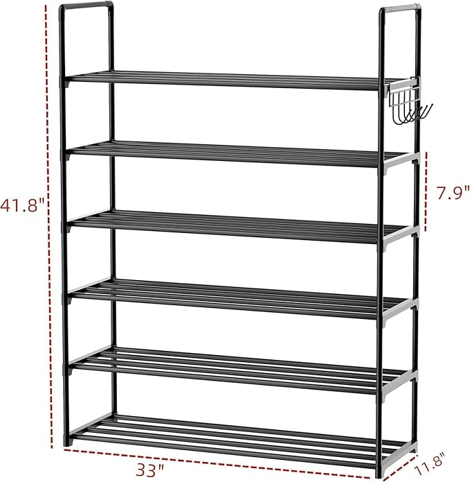 HOMICKER Metal Shoe Organizer,6 Tiers Shoe Storage Shoe Rack with Hooks,Fit 24-30 Pairs,Adjustable Shoe Shelf for Entryway,Hallway,Bedroom,Metal Bottom Support