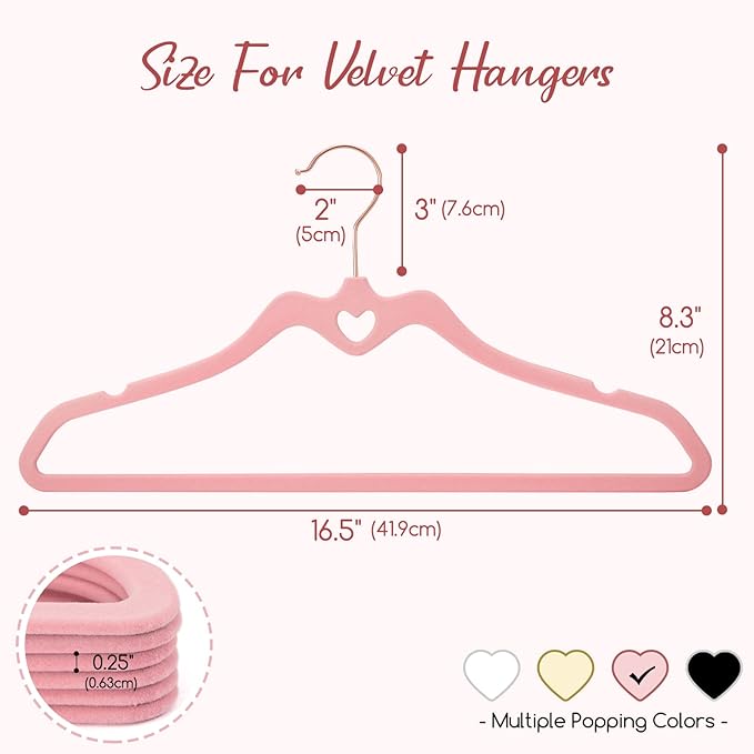 HOUSE DAY Pink Velvet Hangers 60 Pack, Non Slip Flocked Felt Hangers, Sturdy Velvet Clothes Hanger, Cute Heart Heavy Duty Coat Hanger, Ultra Slim Pink for Closet Space Saving