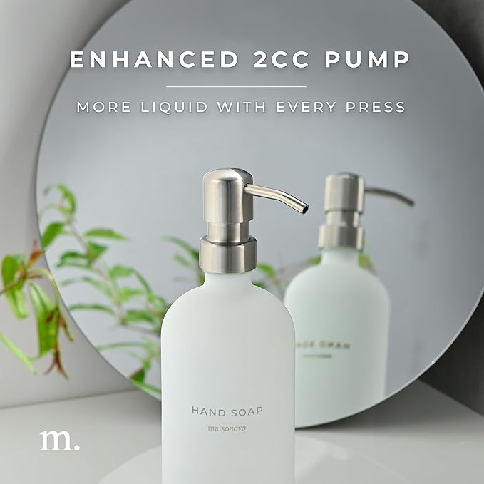 MaisoNovo Soap Dispenser 2-Piece Set | 16.9oz White Bottles with Silver Stainless Steel Pump Core