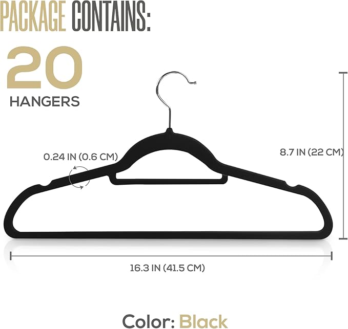 Utopia Home Premium Velvet Hangers 20 Pack - Non-Slip Clothes Hanger with Tie Bar - Black Hangers with 360 Degree Rotatable Hook - Heavy Duty Coat Hanger