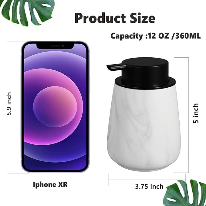 12Oz Ceramic Liquid Soap Dispenser - Modern Lotion Hand Soap Dispenser with Easy-to-Press Black Pump, Reusable and Refillable Dish Soap Dispensers for Bathroom & Kitchen, Marble White
