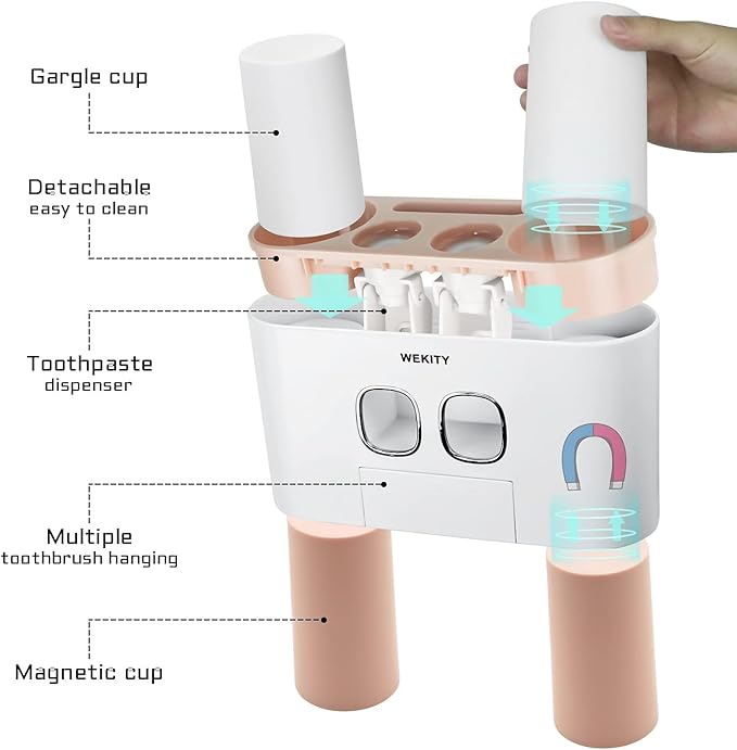 Toothbrush Holder Wall Mounted, WEKITY Multi-Functional Toothbrush and Toothpaste Dispenser for Bathroom, with 5 Toothbrush Slots, 2 Toothpaste Squeezers and 4 Cups(Pink)