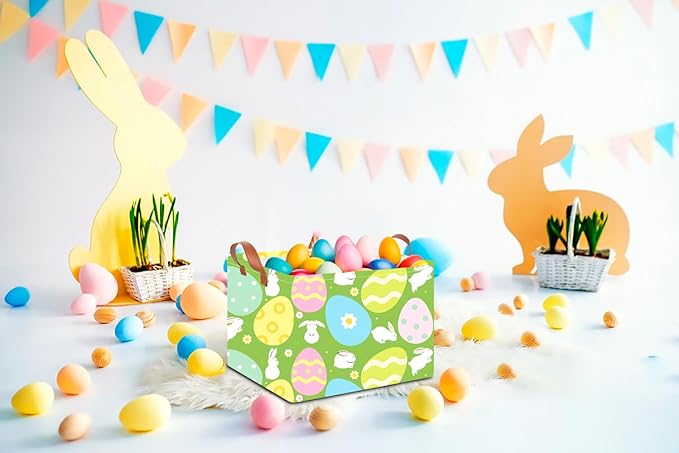 CLOCOR Rectangular Easter Basket Empty, Easter Gift Basket, Waterproof Storage Box with Handles,Room Decor(Green Easter Basket)