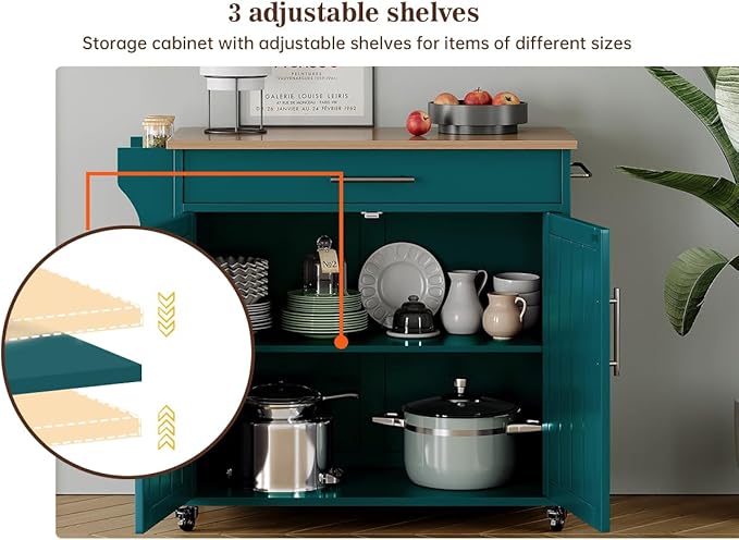Kitchen Storage Island, Wooden Rolling Kitchen Island On Wheels with Countertop, Mobile Kitchen Island Cart with Towel Rack, Spice Rack and Drawers, Green