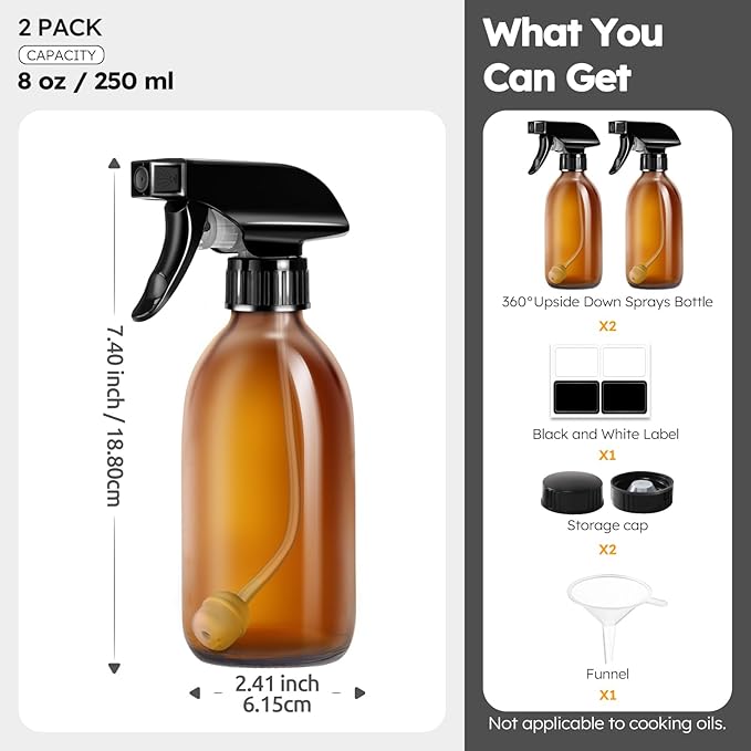 Tecohouse Amber Glass Spray Bottles 8oz, 2 Pack 360° Water Spray Bottle for Cleaning Upside Down Spray Bottles Mister Squirt Bottle with Adjustable Nozzle for Hair, Plant, Pet