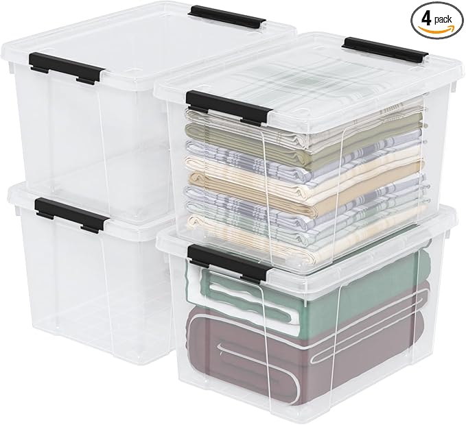 Aninhao 34 Quart Plastic Latching Storage Box with Wheels, 4-Pack Clear Storage Bins with Lids