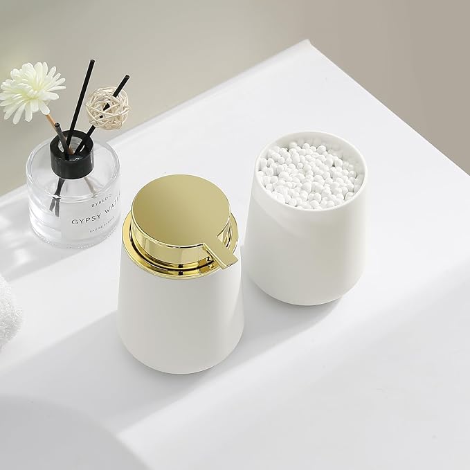 White and Gold Bathroom Accessories 2 Piece Set Plastic Soap Dispenser and Toothbrush Holder for Modern Bathroom Decor