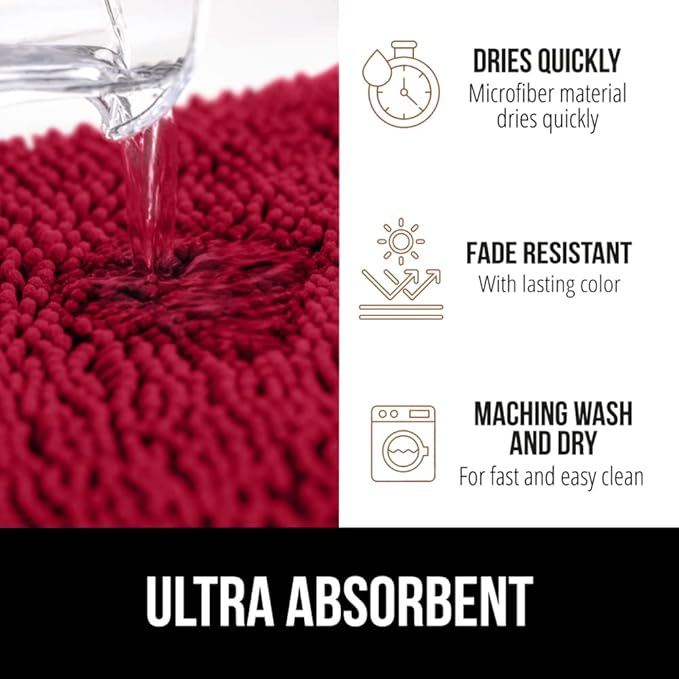 GORILLA GRIP Bath Rug Mat 30x20, Thick Soft Absorbent Chenille, Quick Dry Microfiber Mats, Rubber Backing Washable Shower Floor Rugs, US Designed Bathroom Bathmat Home Decor Accessories, Red