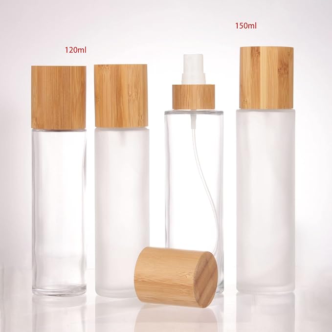COSIDEA 4 pcs Empty 4oz /120ml bamboo lid Frosted glass spray bottle with fine mist despenser head for liquid perfume toiletries containers, toner bottles