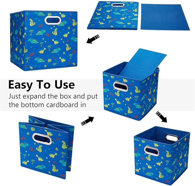 10.5 inch Storage Cubes Dinosaur Decor Storage Bins Blue Fabric Storage Boxes Foldable Storage Basketes Collapsible Cube Inserts for Cube Organizers Drawer,QY-SC13-3