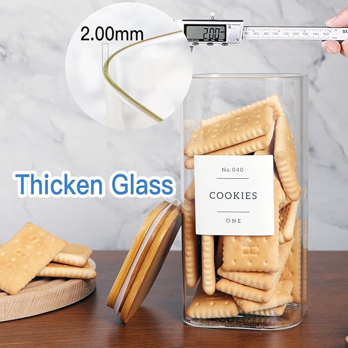 3 Pack Square Glass Kitchen Storage Jars with Airtight Bamboo Lids and 132 Pantry Labels - 54oz Glass Canisters with Wood Lids - Food Storage for Sugar, Rice, Pasta, Cereal