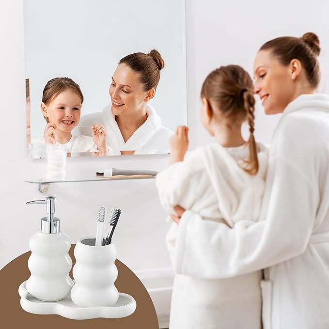3-Piece White Ceramic Bathroom Accessories Set with Tray, Lotion Dispenser, and Tumbler for a Luxurious Bath Experience