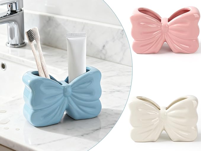 Bow Toothbrush Holder， 2-Slot Toothbrush and Toothpaste Holder Cute Toothbrush Holder Set, Bathroom Counter Organizer for Bathrooms, Floss, Razors - Blue