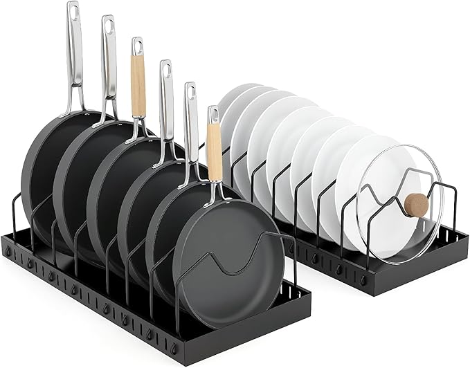 2 Pcs Pots and Pans Organizer Under Cabinet - Expandable Pull Out Cabinet Organizer for Pots and Pans, Pan and Lid Organizers Inside Cabinet, Adjustable Storage Rack (BLACK)