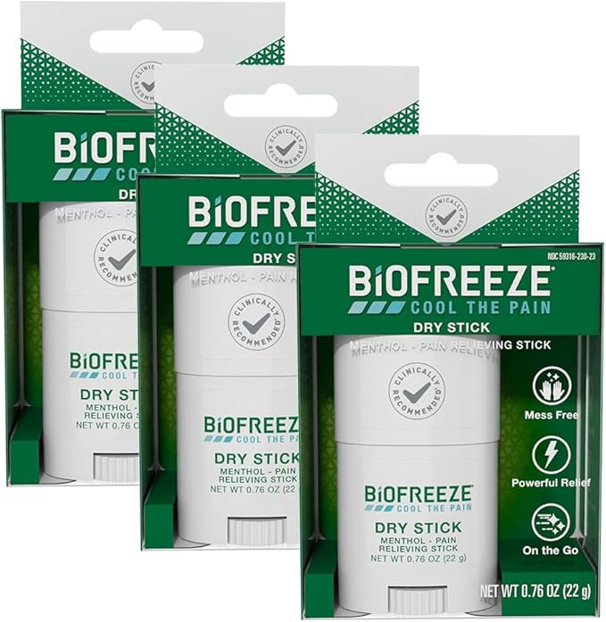 Biofreeze Dry Stick, Mess-Free Relief for Neck, Shoulder, Knee, Hip, Hand & Joint, Cooling Menthol Pain Relief Stick, 100+ Uses (0.76oz (Pack of3))