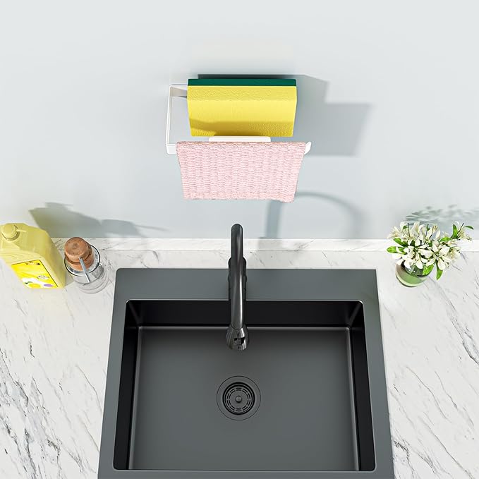 Sponge and Dish Cloth Holder for Kitchen Sink, 2 in 1 Adhesive Sink Dish Sponge Holder, Sinks Caddy Organizer Rack for Storage Sponges Scrubber Glove and Brush, White