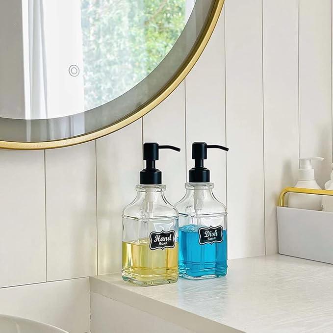 JASAI 2Pack Soap Dispenser with Rustproof Black Stain 304 Stainless Steel Pump, Stylish Hand soap Dispenser with 10Pcs Stickers, Refillable Glass Soap Dispenser for Kitchen & Bathroom.