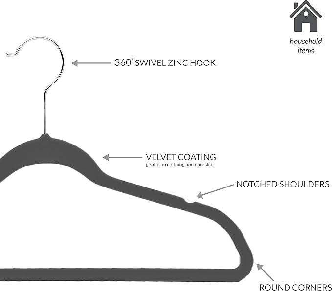 Simplify Children’s 10 PK Velvet Hangers | Dimensions : 13.78" W x 8.46" H | Durable Plastic | Non-Slip | Keeps Shape | 14” Width | Children Sizes 2-16 | Grey