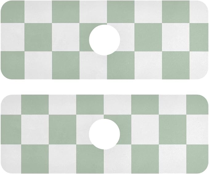 Kitchen Sink Splash Guard 2 PCS 14.7 Inch Sink Faucet Mat Splash Guard for Bathroom Countertop Water Absorbent Foldable Cuttable Soft Washable Checkered White and Green