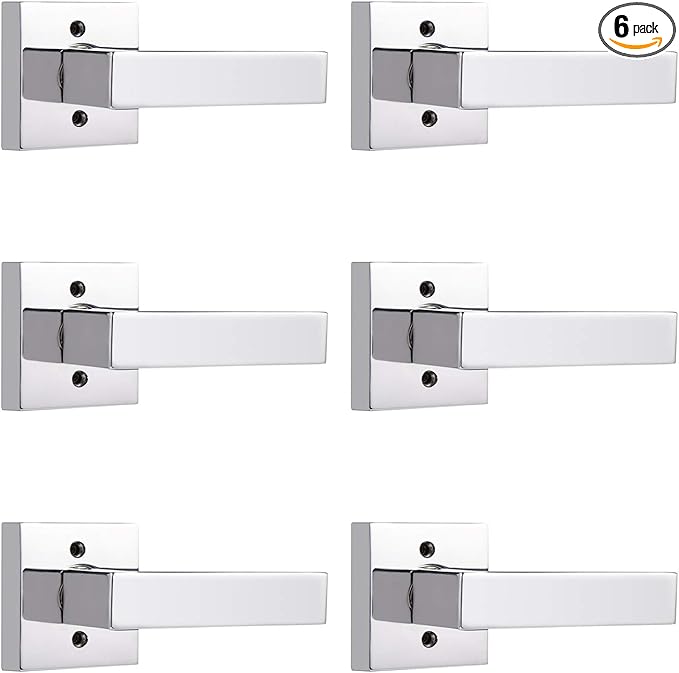 Probrico 6 Pack Door Handles [Exposed Screws] in Polished Chrome Half Dummy Levers Non-Turning Hardware Square Modern Universal Handing Leverset, Heavy Duty