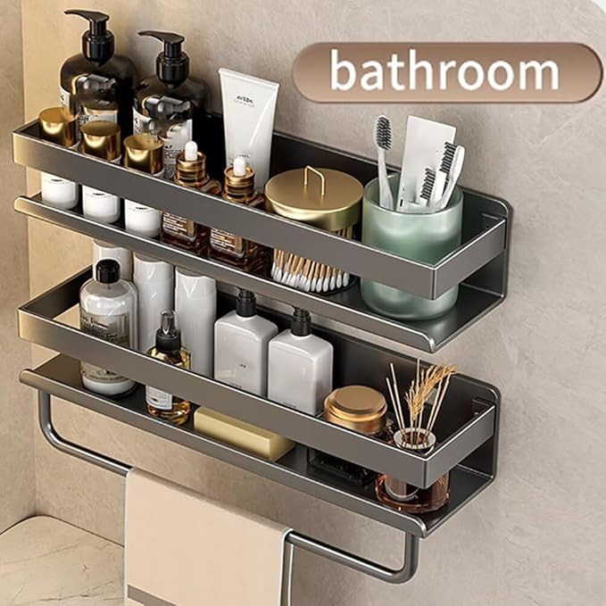 Wall mount Carbon steel Kitchen utensils seasoning spice storage rack, oil salt, sauce vinegar condiment storage rack, Bathroom toiletries organizer with mobile hooks (1 Pack (with bar and hooks))