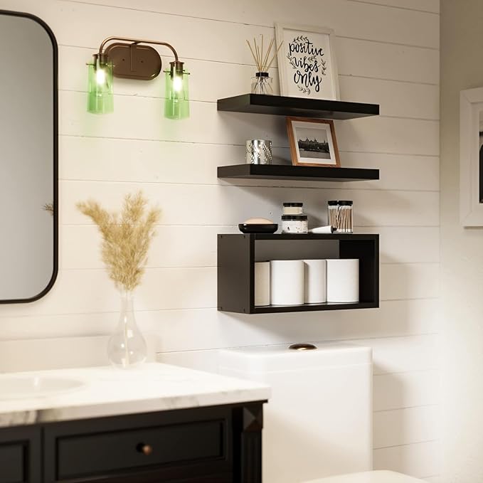 RICHER HOUSE Black Floating Shelves Set of 3, Modern Bathroom Shelves Wall Mounted Shelves for Wall Decor, Over Toilet Black Wall Shelves for Bathroom Bedroom, Living Room, Kitchen