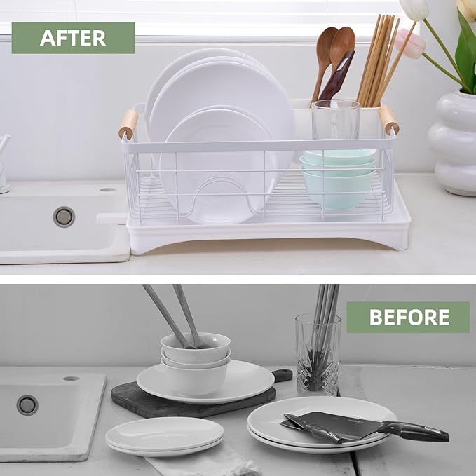 Dish Drainer Rack - Plate, Cutlery, Pots, and Pans Drying Rack for Kitchen with Beechwood Handles - Modern Retro Design Drip Tray with Metal Rack - White