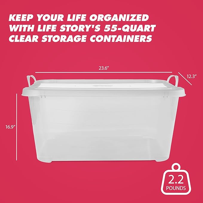 Life Story 12 Pack Light Duty Stackable Storage Bin, 55 Quart Home Organizer, Versatile Lightweight Locking Bins with Carrying Handles, Clear