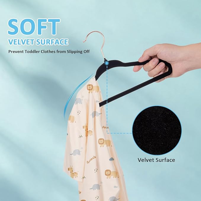 Baby Velvet Hangers 50 Pack - 11 Inch Premium Non Slip Felt Kids Hanger for Toddler & Infant Clothes - 0.2" Ultra Thin Baby Clothes Hangers with 10 Hanger Clips - Black